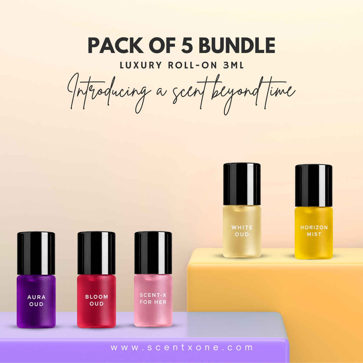 Pack of 5 - AURA OUD, BLOOM OUD, SCENT-X HER, WHITE OUD & HORIZON MIST Luxury Roll-On 3ML