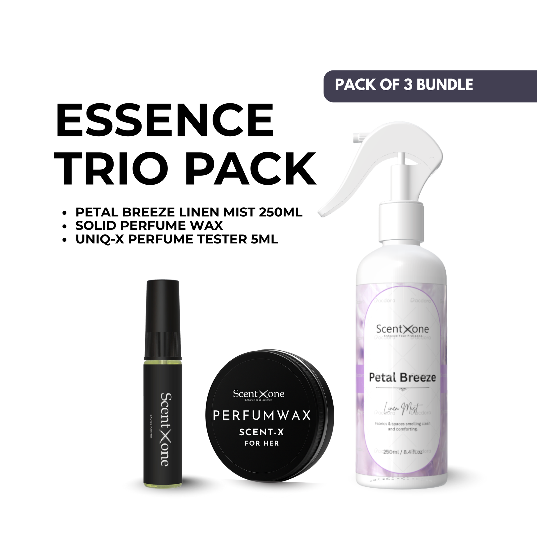 Everyday Elegance Trio – Petal Breeze Linen Mist 250ML + Solid Perfume Wax + UNIQ-X Perfume Tester 5ML