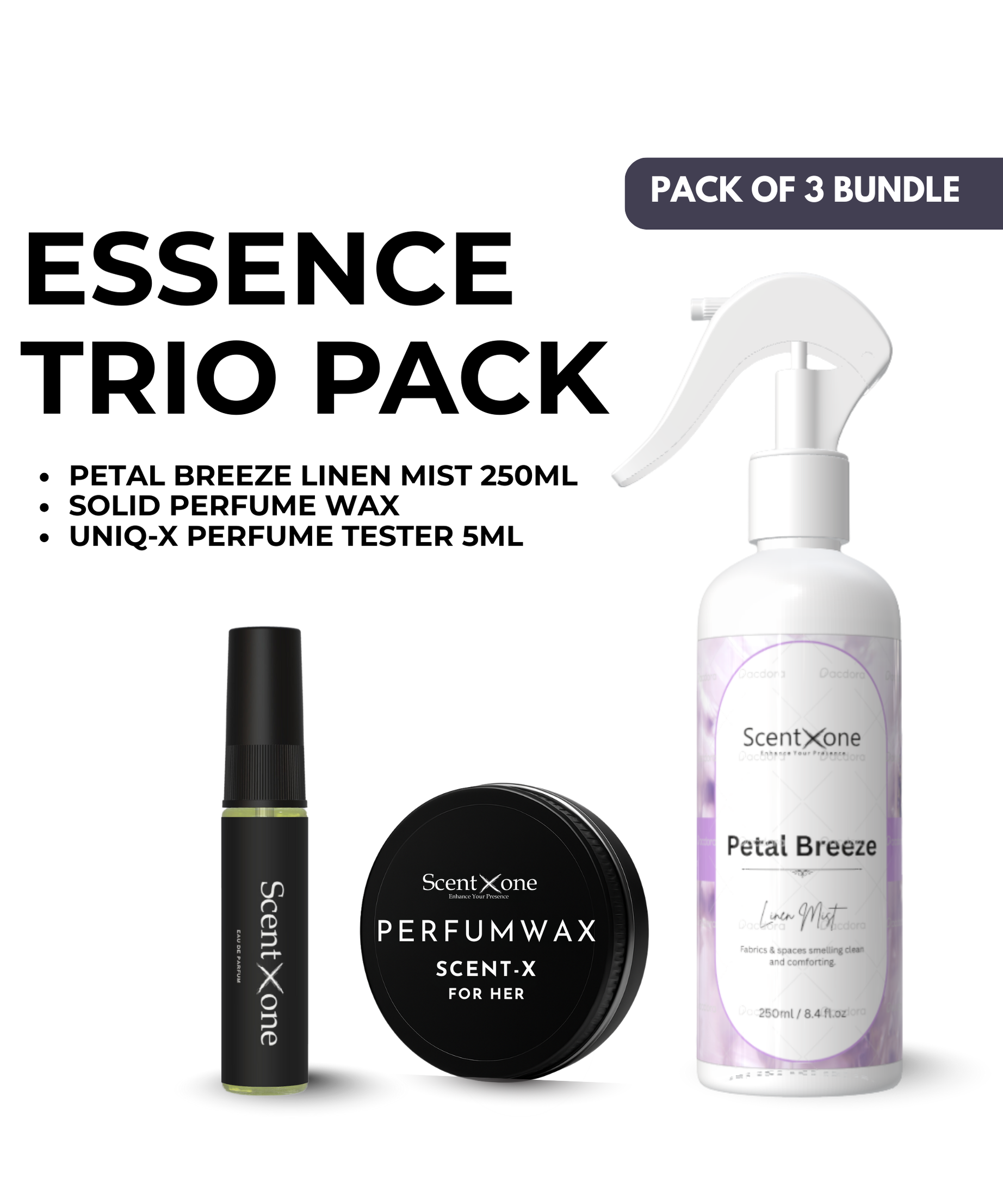 Everyday Elegance Trio – Petal Breeze Linen Mist 250ML + Solid Perfume Wax + UNIQ-X Perfume Tester 5ML