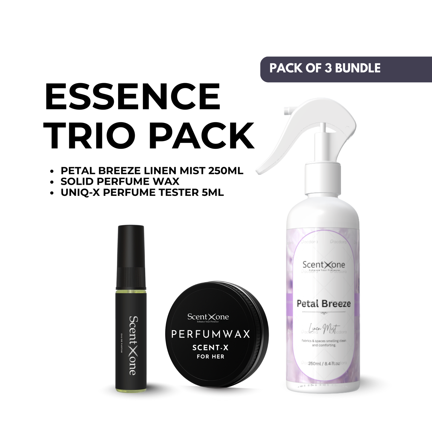 Everyday Elegance Trio – Petal Breeze Linen Mist 250ML + Solid Perfume Wax + UNIQ-X Perfume Tester 5ML