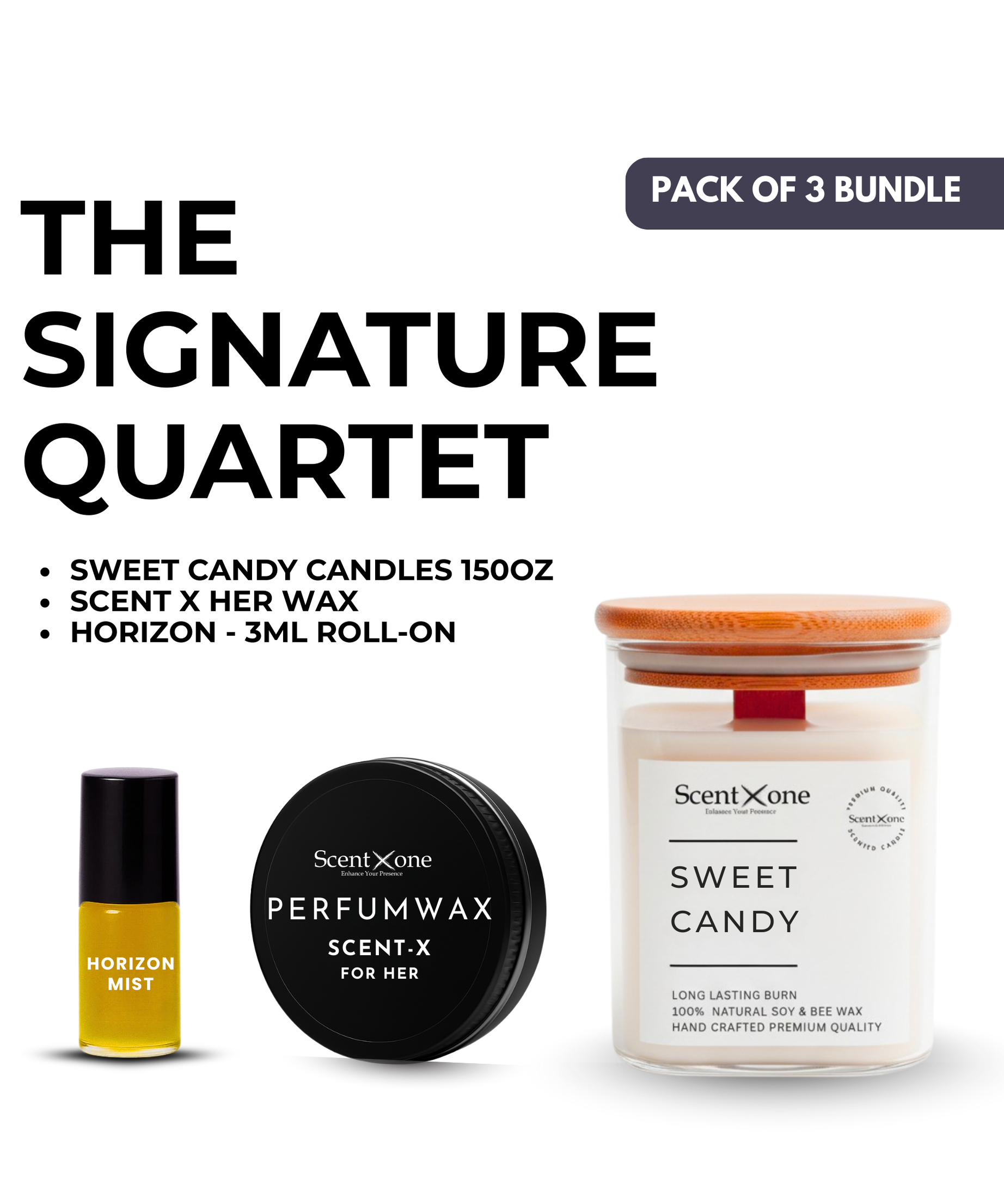 Sweet Indulgence Trio – Sweet Candy Candle 150oz + Scent-X For Her Solid Perfume Wax + Horizon 3ml Roll-On