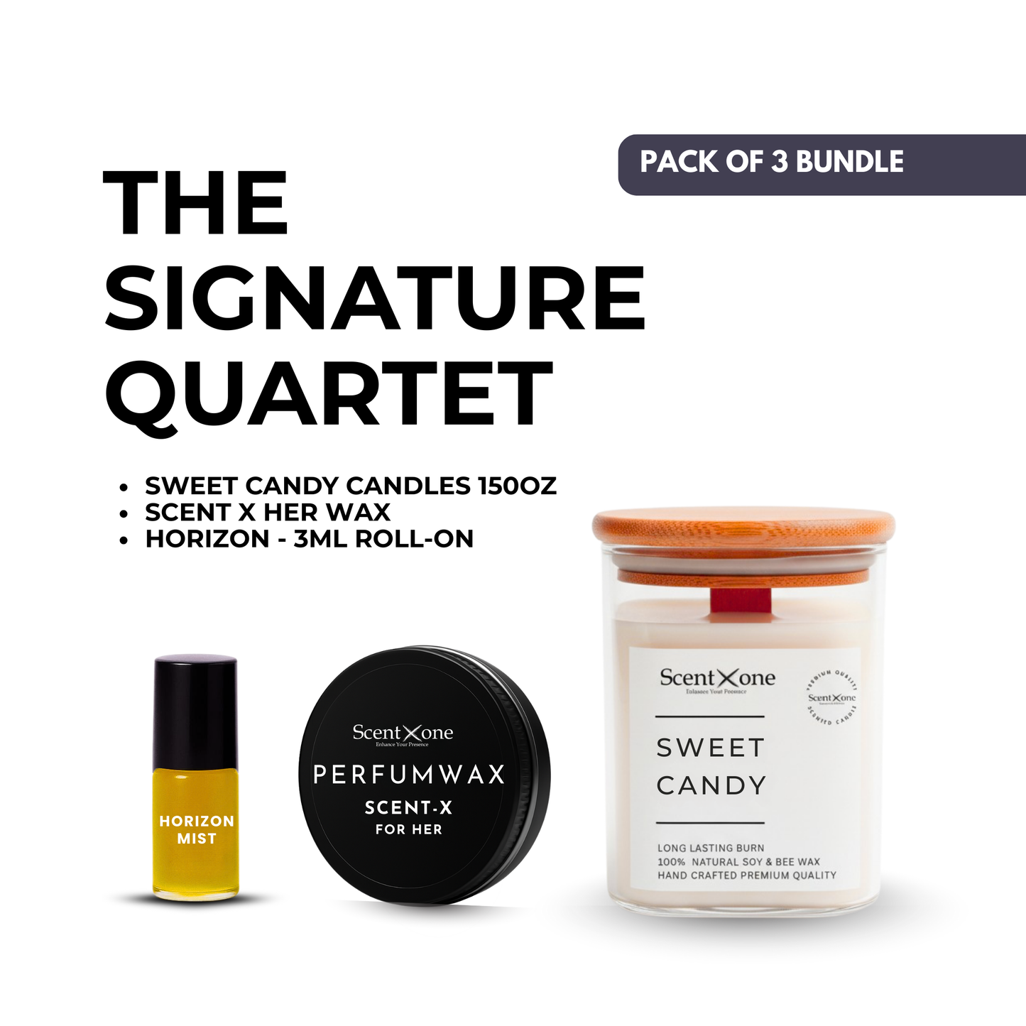 Sweet Indulgence Trio – Sweet Candy Candle 150oz + Scent-X For Her Solid Perfume Wax + Horizon 3ml Roll-On