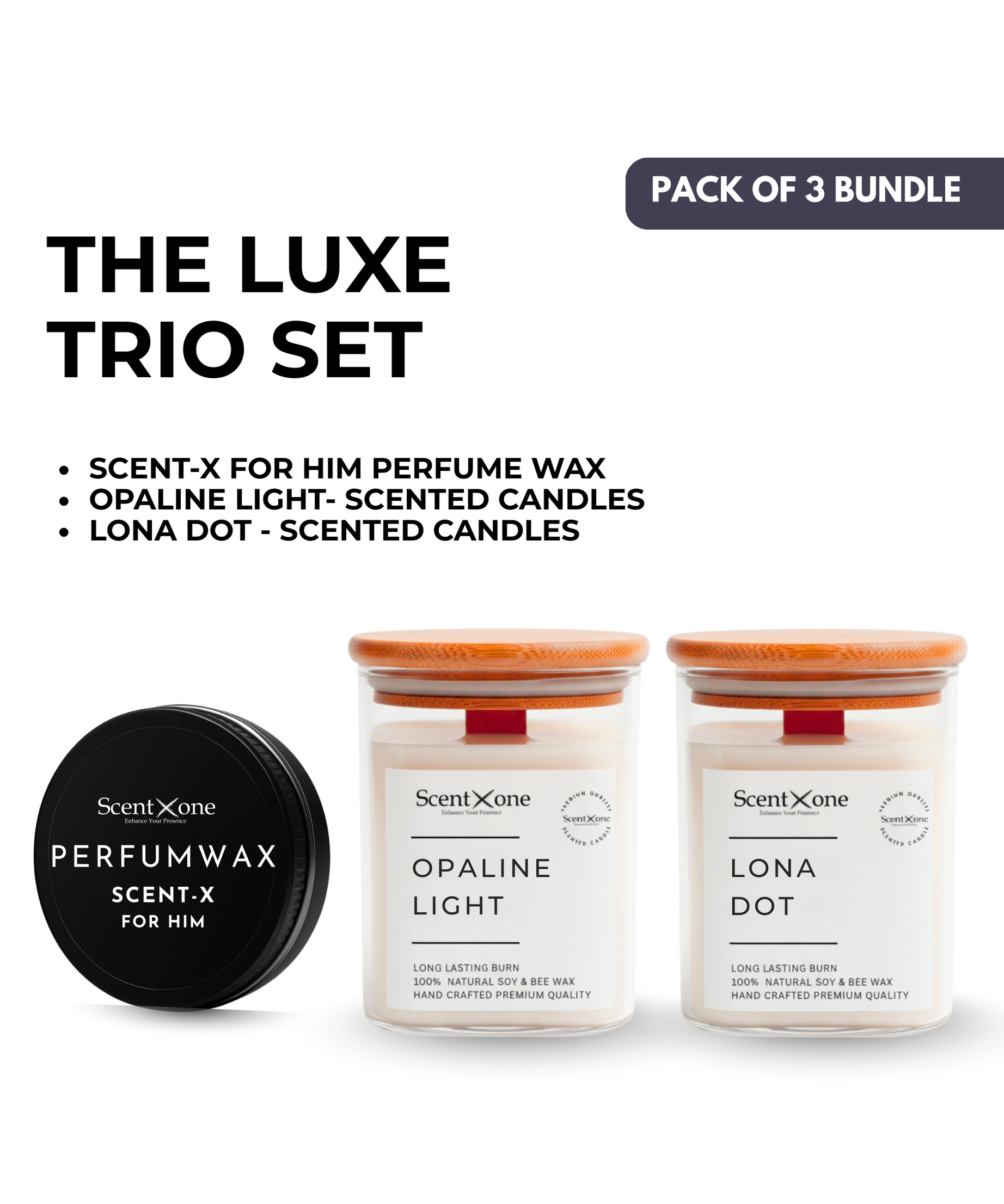 Opaline Glow Trio – Scent-X For Him Perfume Wax + Opaline Light Scented Candle + Lona Dot Scented Candle (150oz Each)